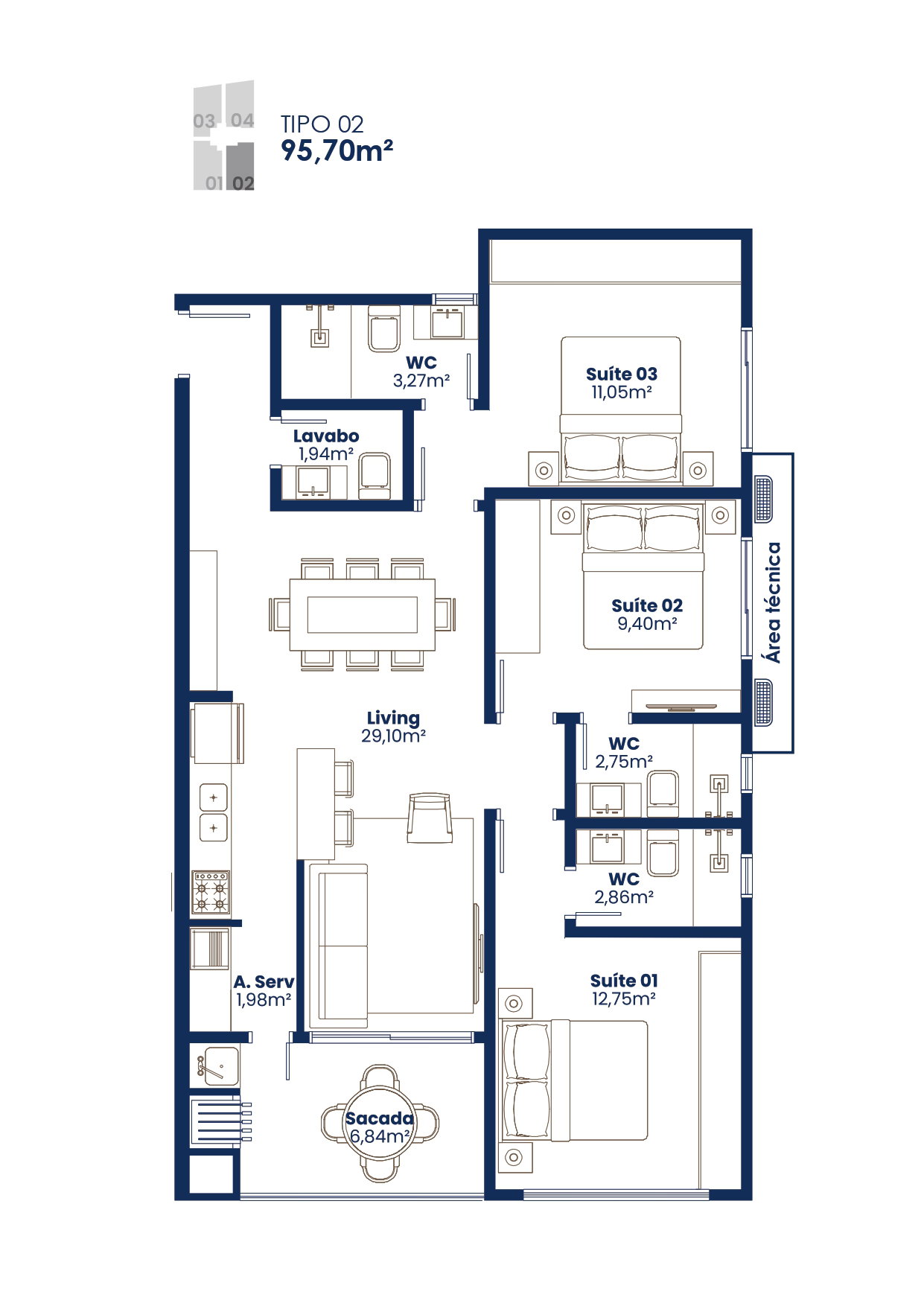 Planta Tipo 02, 96 m² do Amalfi Residence