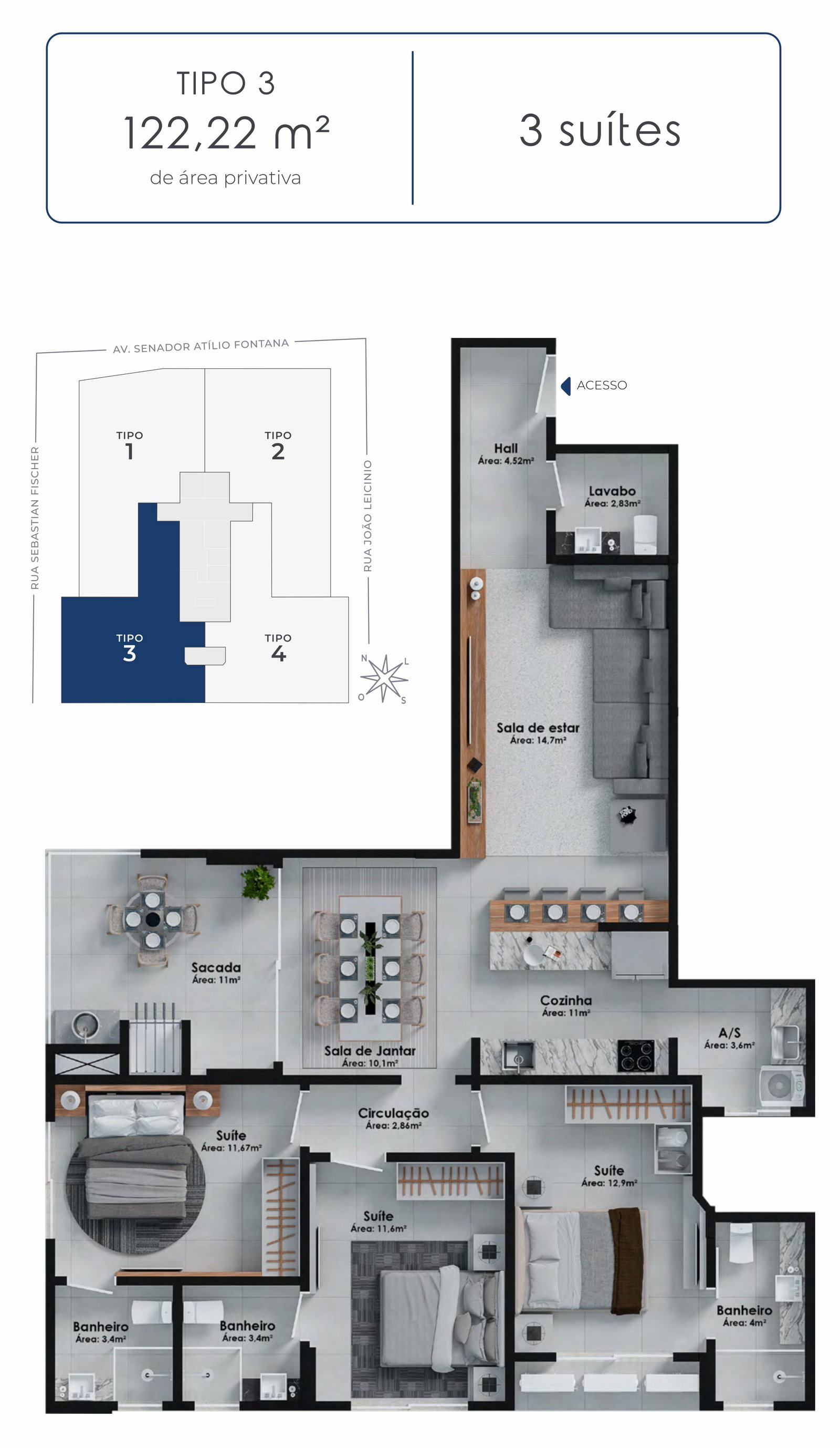 Planta Tipo 3, 3 suítes · 122 m² do Hudson Park