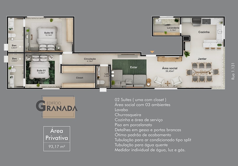 Planta 2 suítes · 93 m² do Granada
