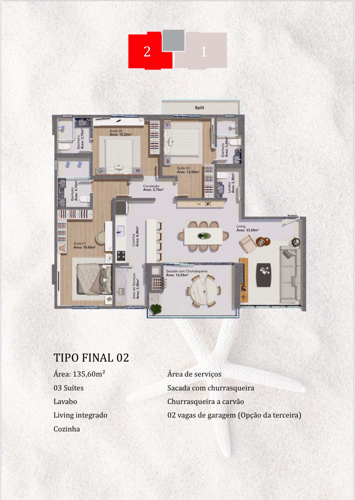 Planta Tipo Final 02, 3 suítes · 136 m² do Edir Russi Dellagnelo Residence