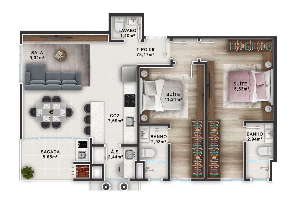 Planta Tipo 06 (1 de 2), 78 m² do Imperador
