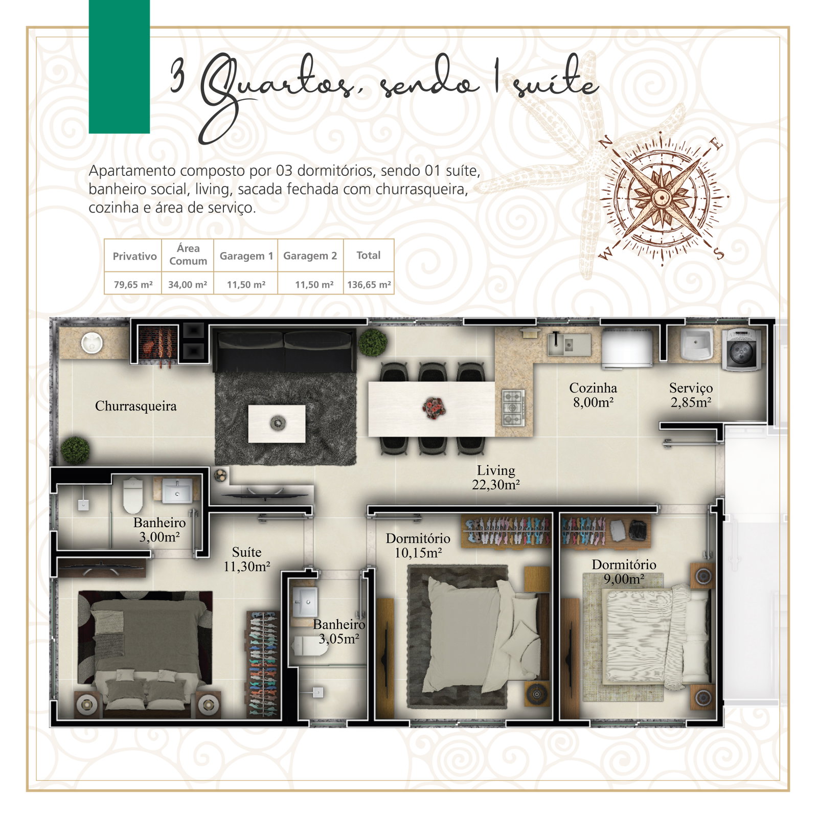 Planta 3 Quartos, sendo 1 suíte, 3 dormitórios · 1 suíte · 80 m² do Beach Lake