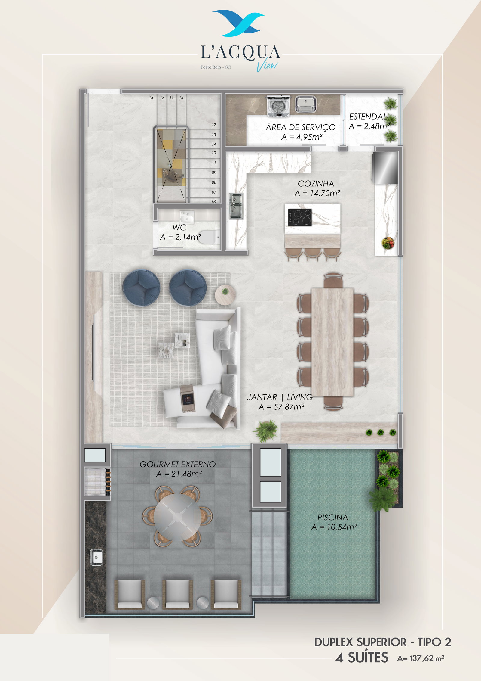 Planta Duplex Superior - Tipo 2, 4 suítes · 138 m² do L'Acqua View
