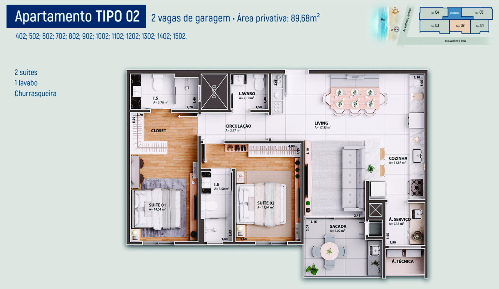 Planta Tipo 02, 2 suítes · 90 m² do Ilha de Capri