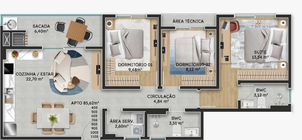 Planta Apto 85,62m², 86 m² do Green Coast