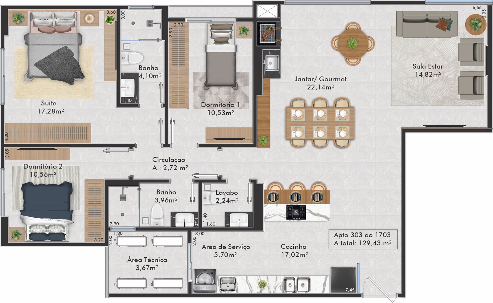 Planta Apto 303 ao 1703, 129 m² do Gran Palazzo Residence