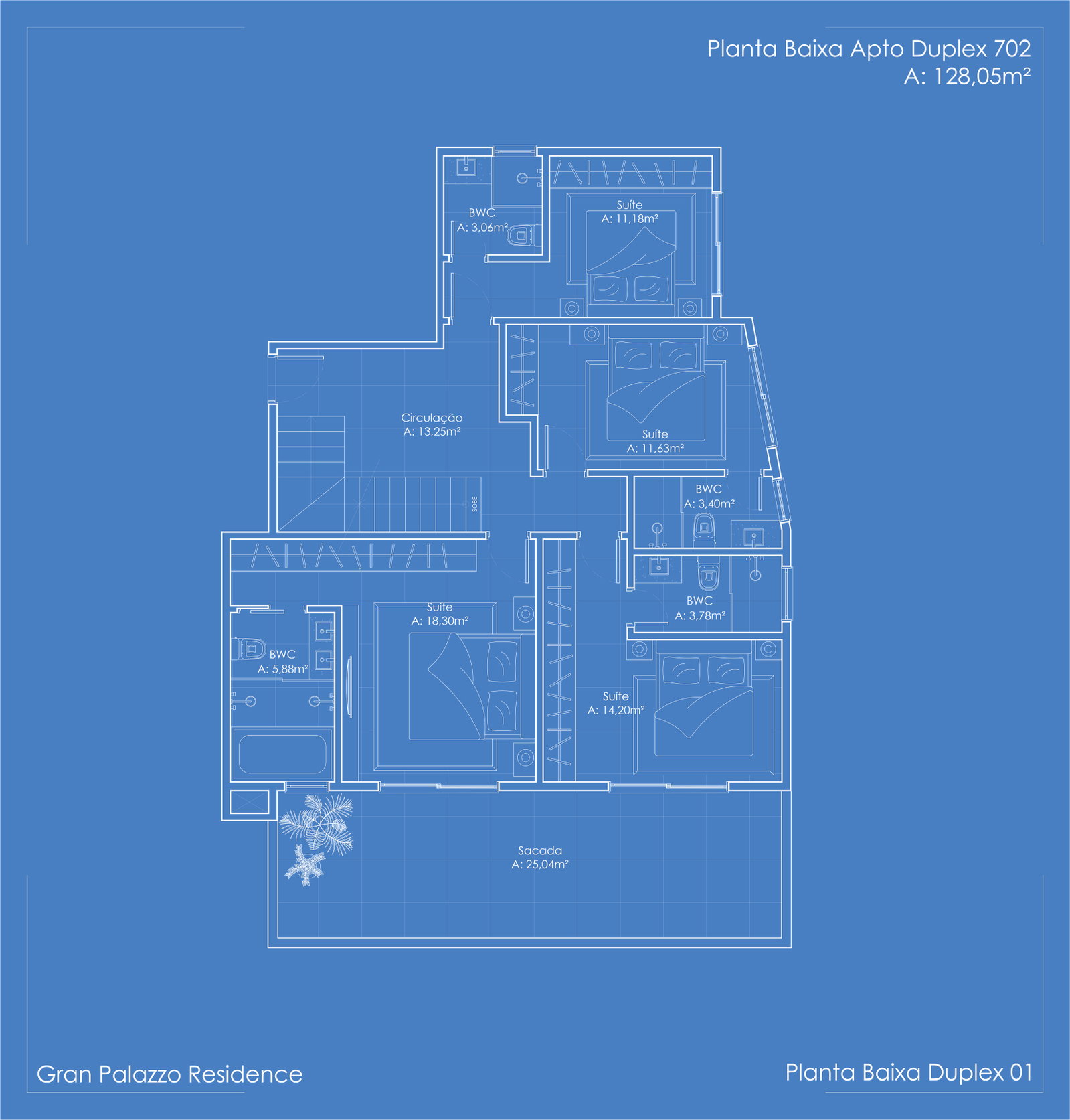 Planta Duplex 702, 128 m² do Gran Palazzo