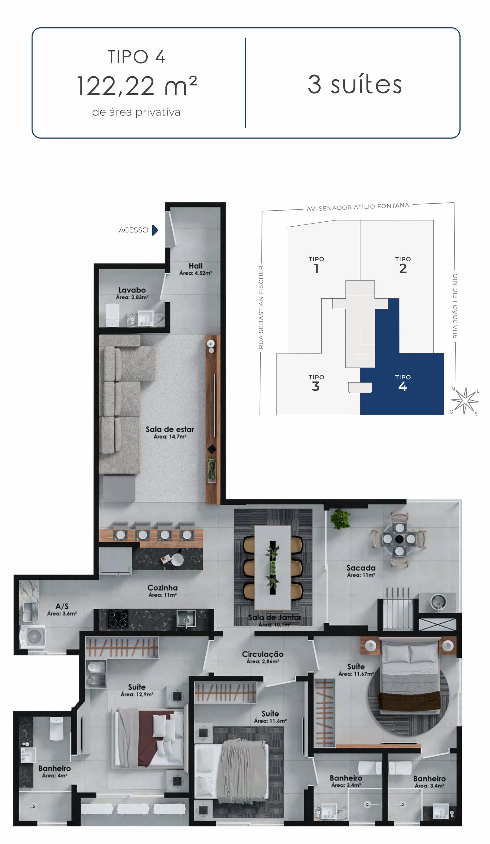 Planta Tipo 4, 3 suítes · 122 m² do Hudson Park