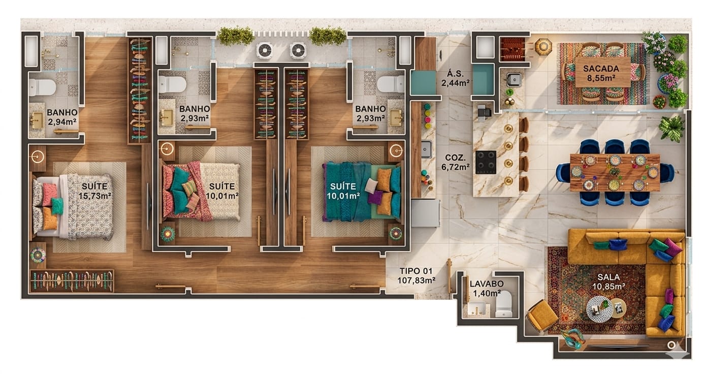 Planta Tipo 01 (3 de 3), 108 m² do Imperador