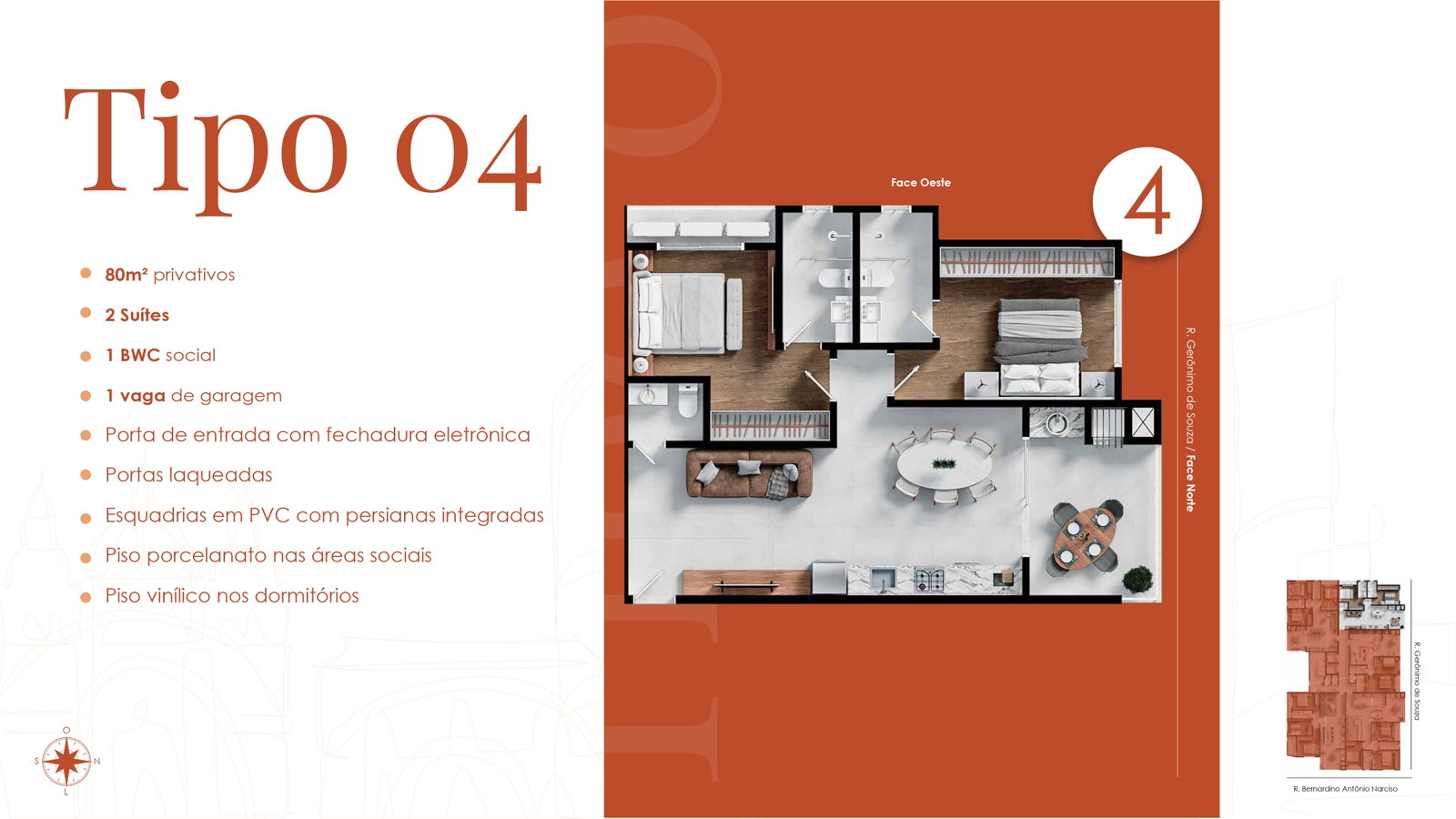 Planta Tipo 04, 2 suítes · 80 m² do Cartagena