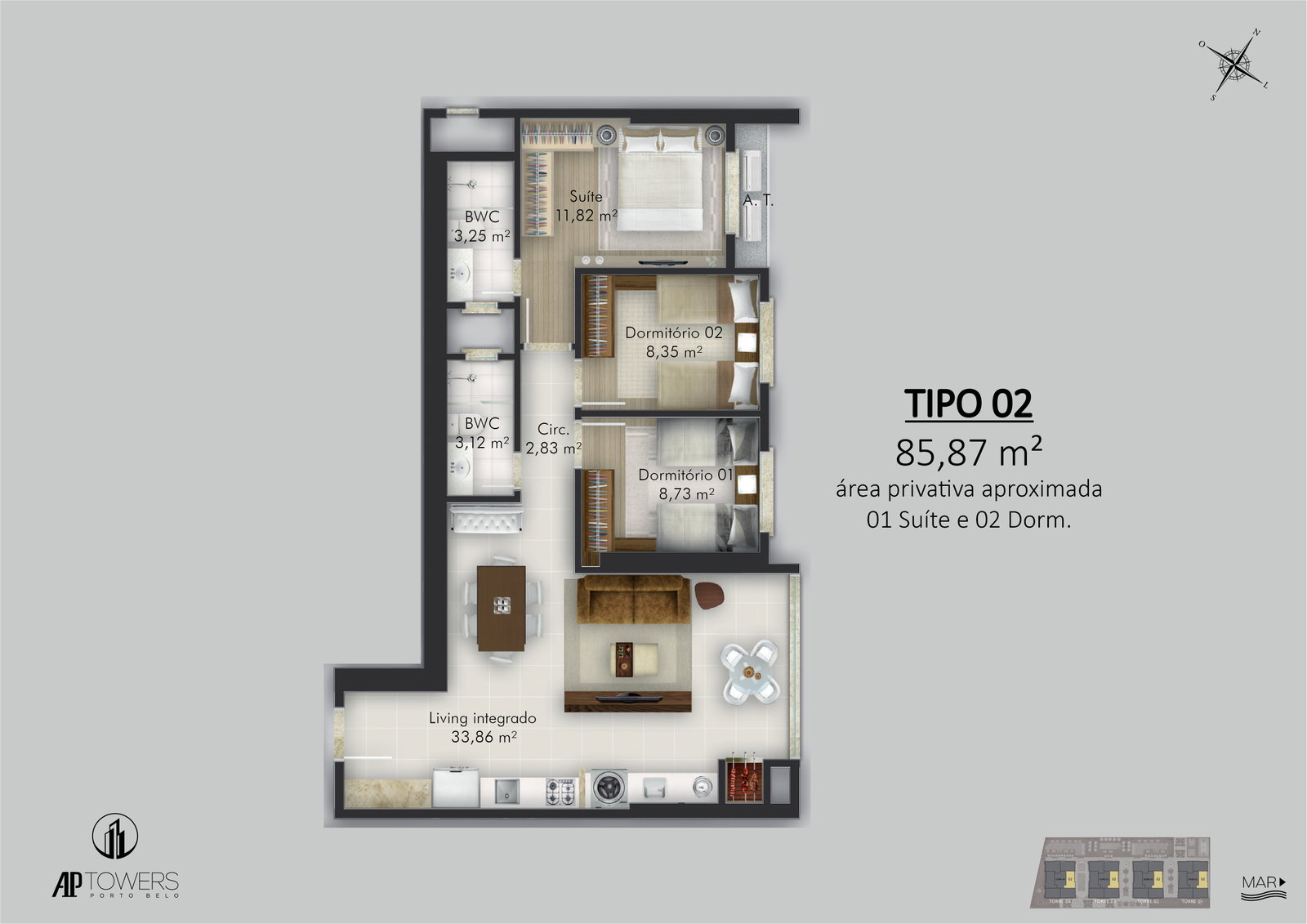 Planta Tipo 02, 3 dormitórios · 1 suíte · 86 m² do AP Towers Porto Belo - Fase 01