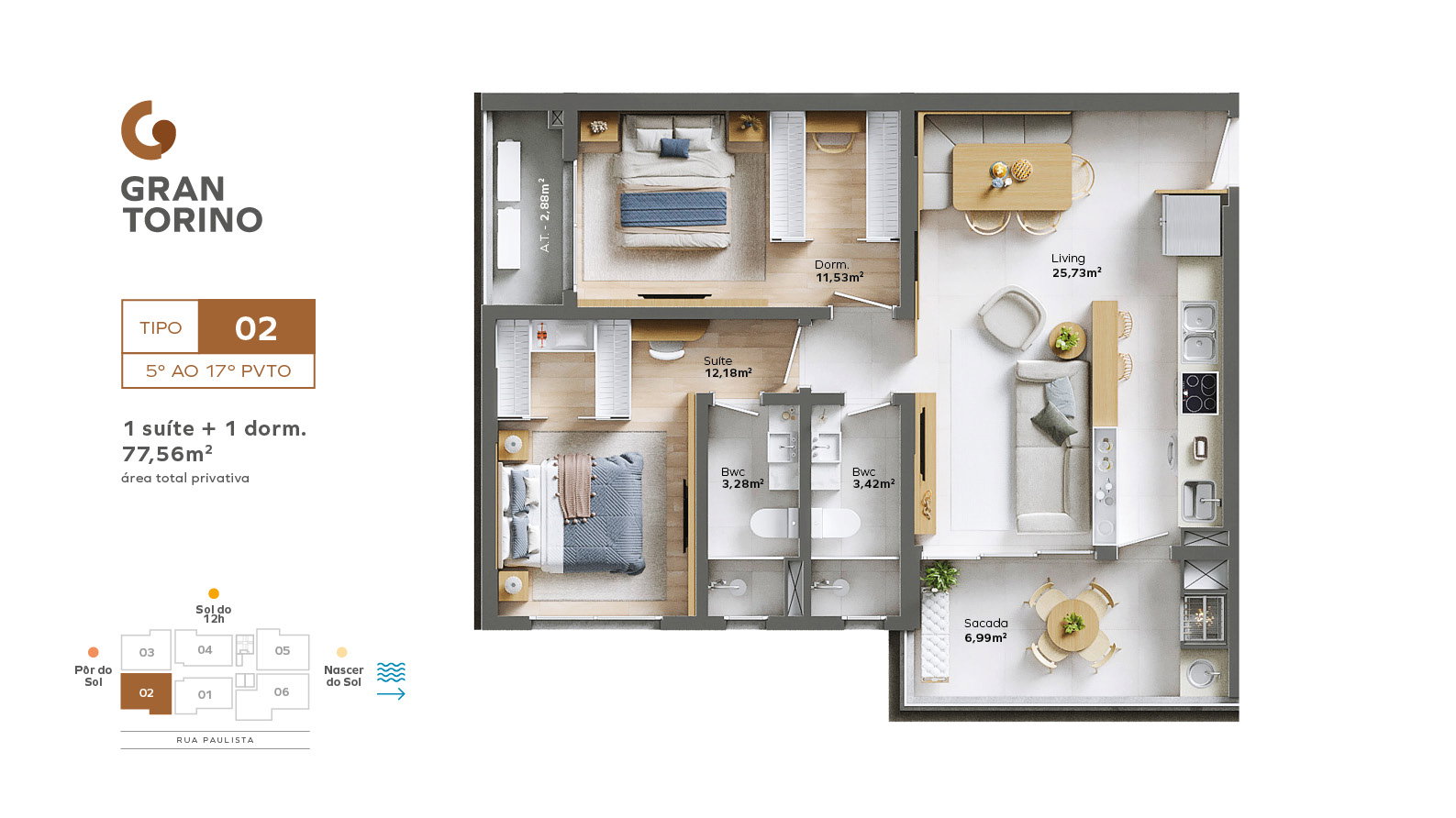 Planta Tipo 02, 2 dormitórios · 1 suíte · 78 m² do Gran Torino