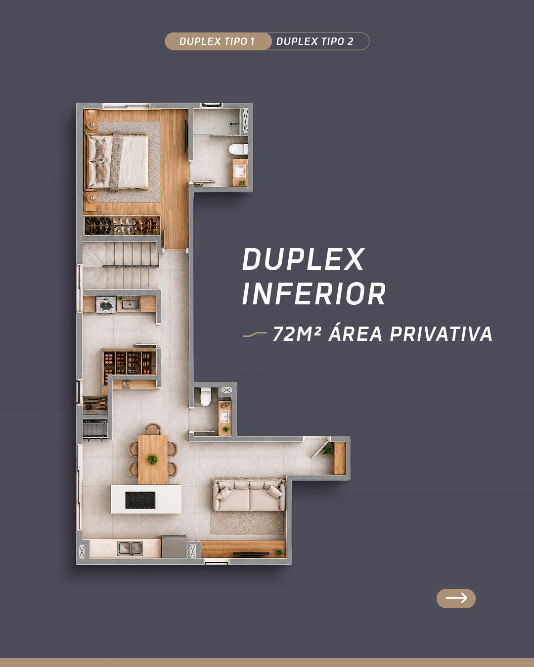Planta Duplex Inferior, 72 m² do Flow Aptos