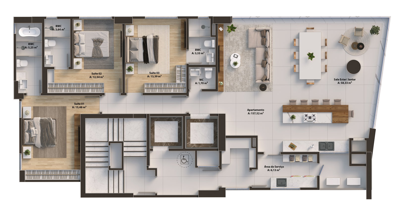 Planta 3 suítes · 158 m² do Elysium