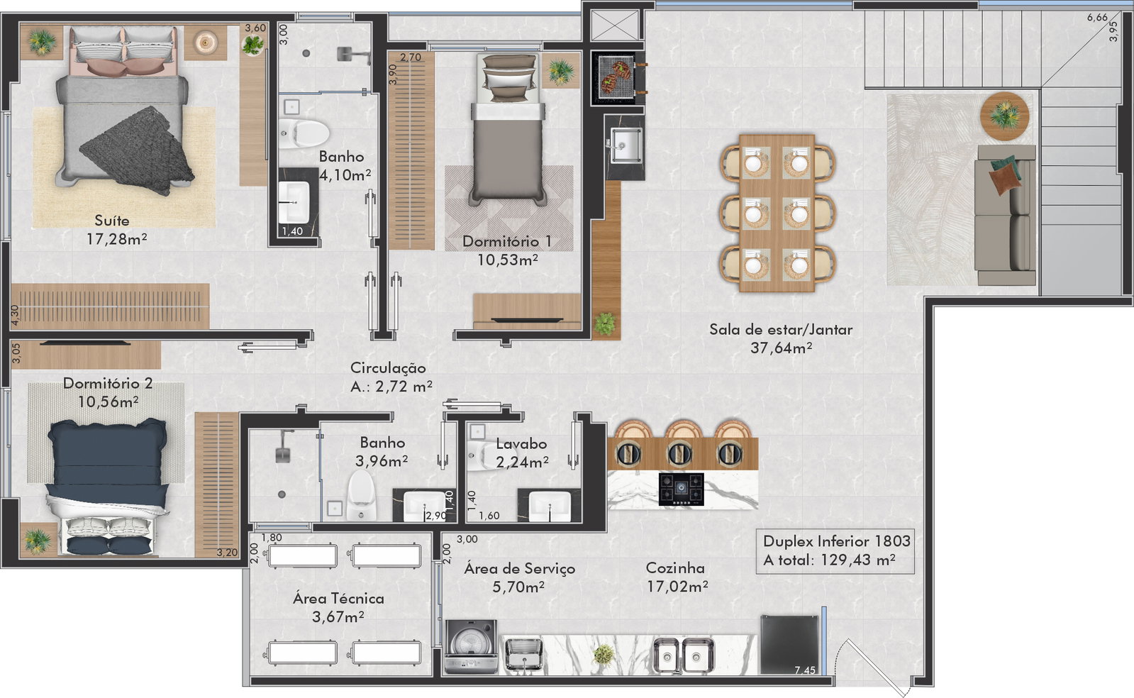 Planta Duplex Inferior 1803, 129 m² do Gran Palazzo Residence