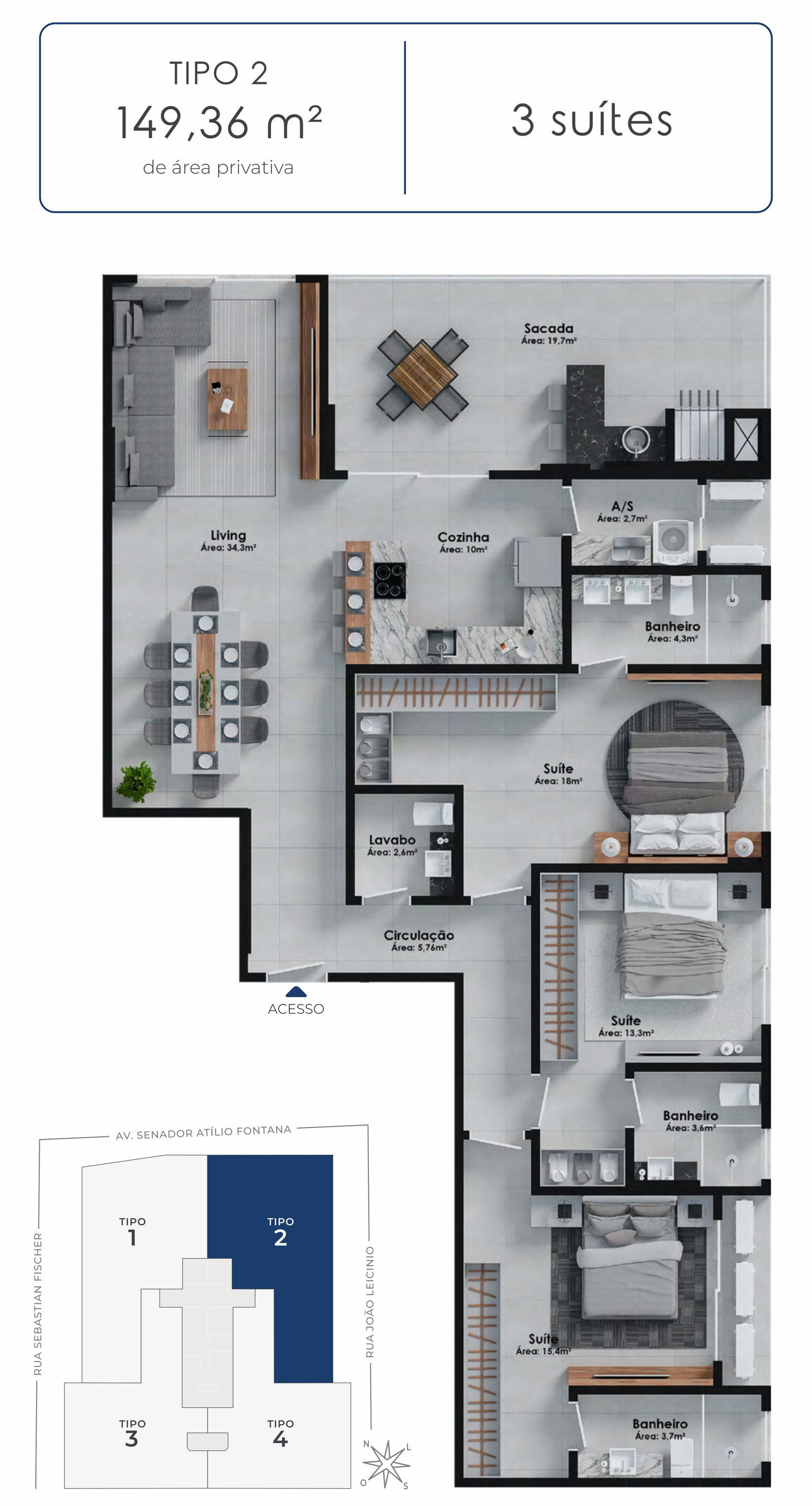 Planta Tipo 2, 3 suítes · 149 m² do Hudson Park
