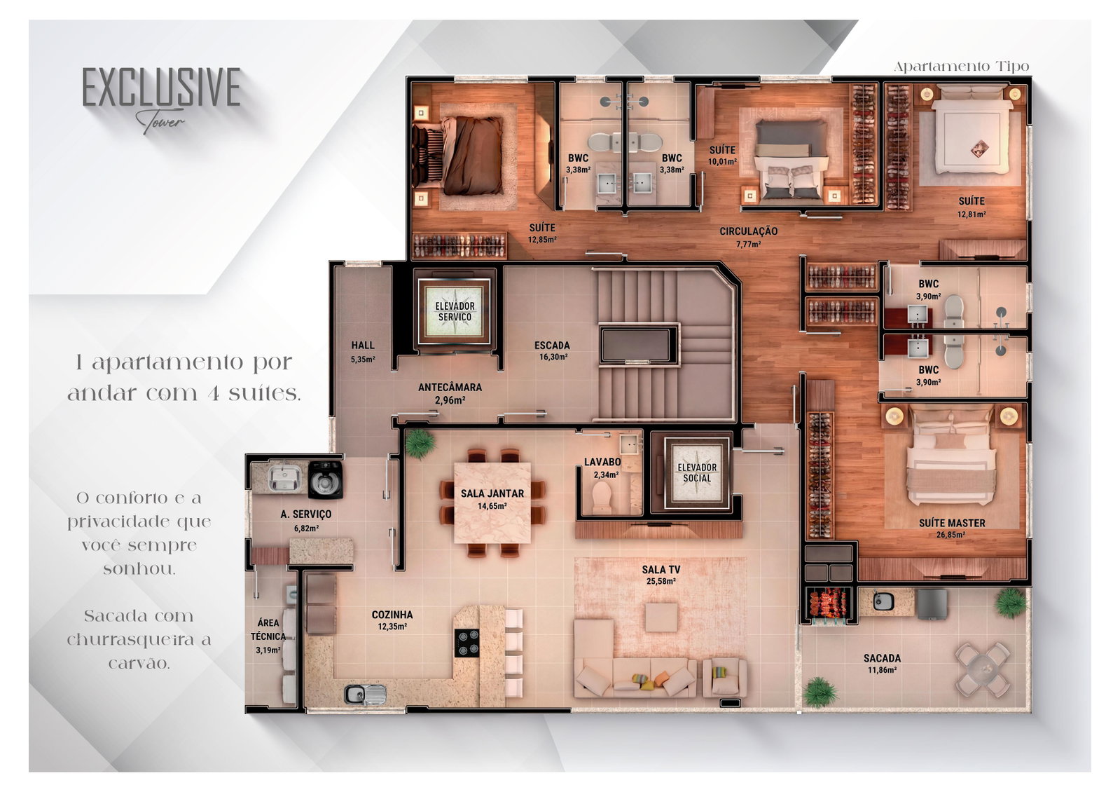 Planta Tipo, 4 suítes do Exclusive Tower
