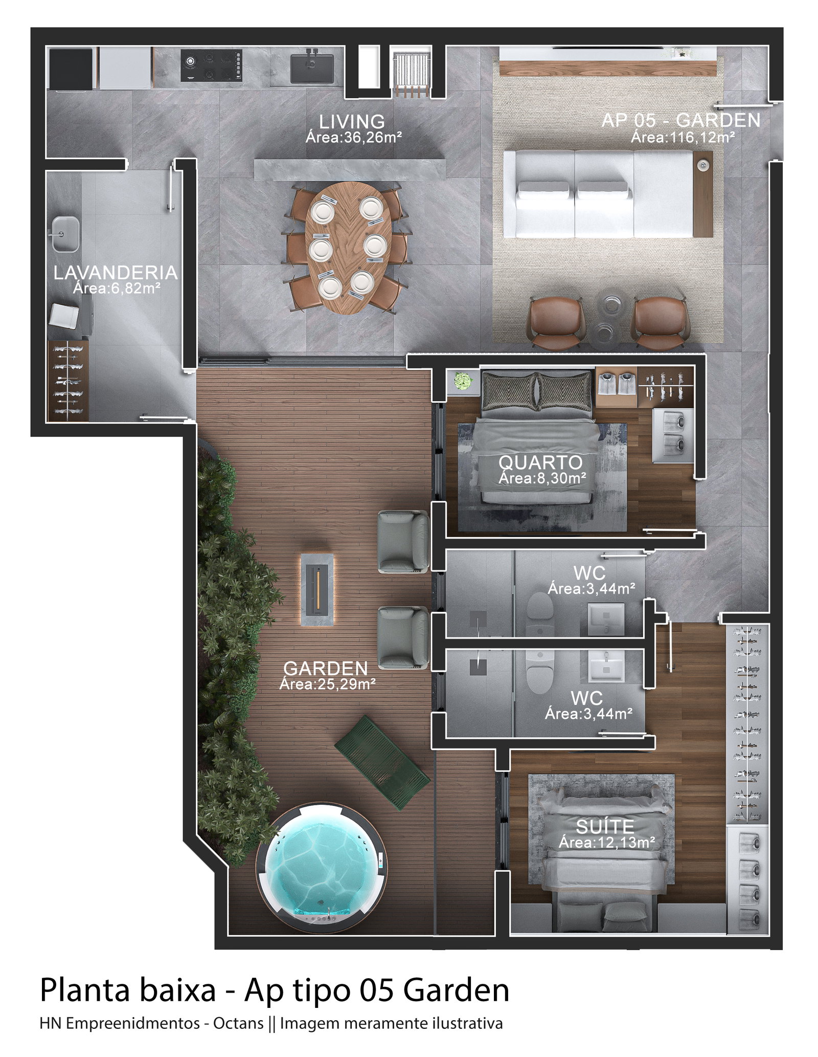 Planta Tipo 05 Garden, 116 m² do Edifício Octans