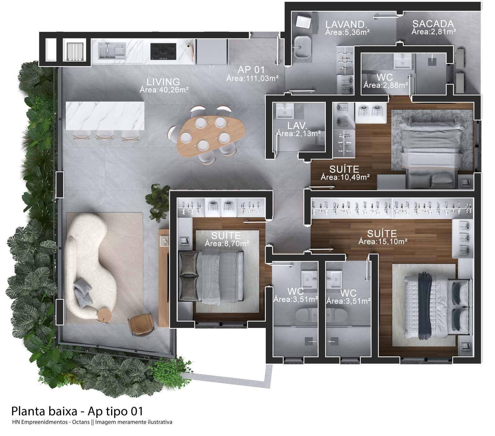 Planta Tipo 01, 111 m² do Edifício Octans