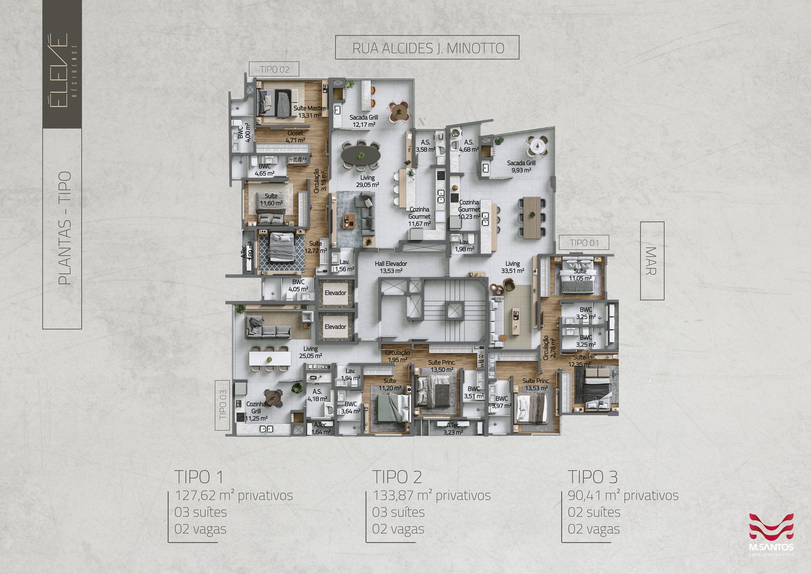 Planta Tipo 1, 3 suítes · 128 m² do Élevé
