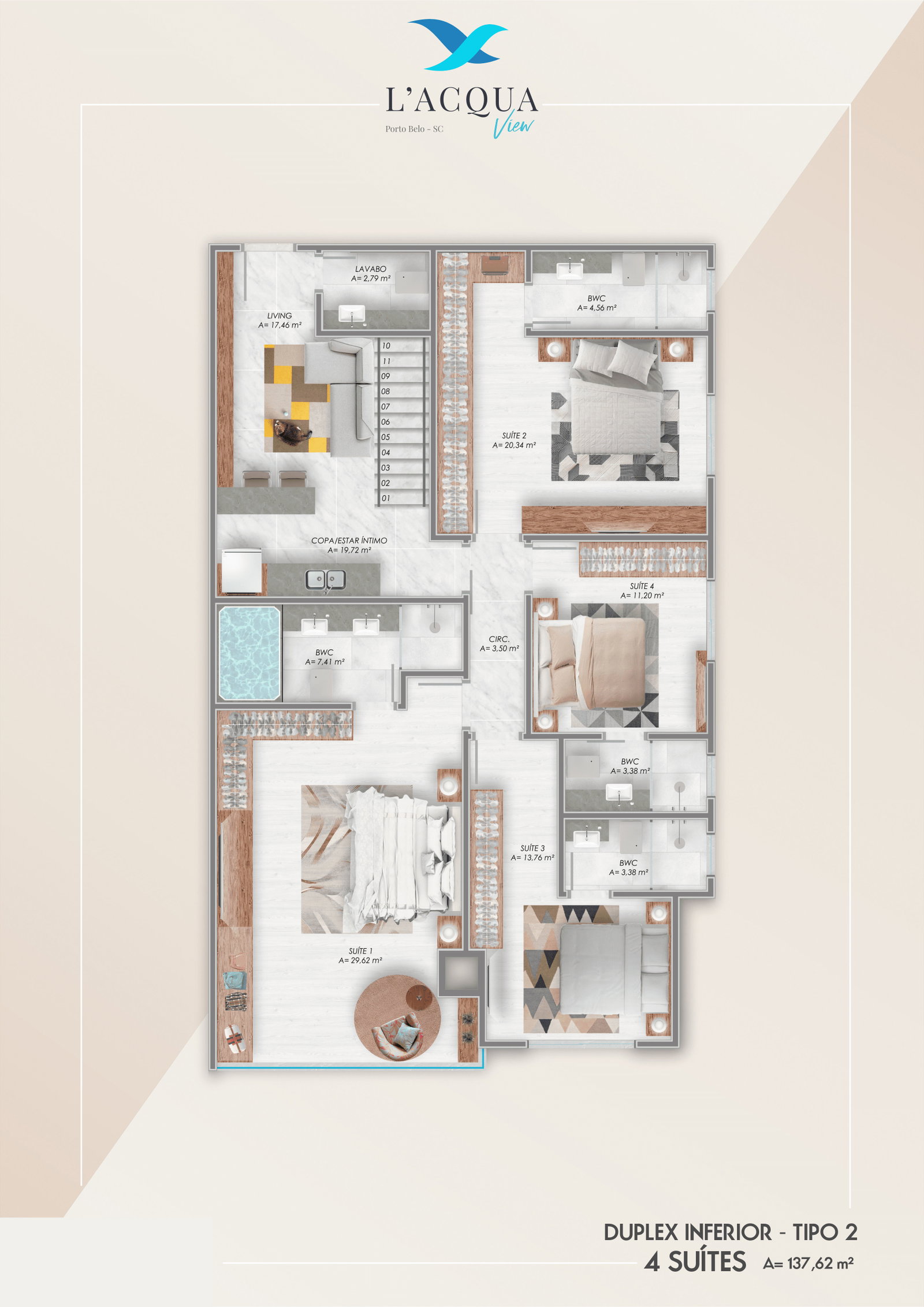 Planta Duplex Inferior - Tipo 2, 4 suítes · 138 m² do L'Acqua View