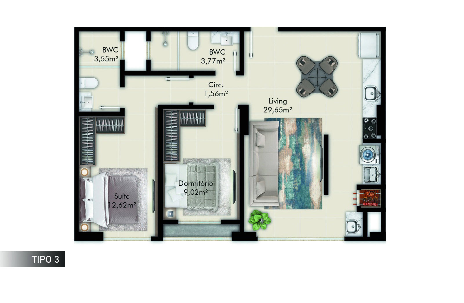 Planta Tipo 3 do Fiorini Residenziale