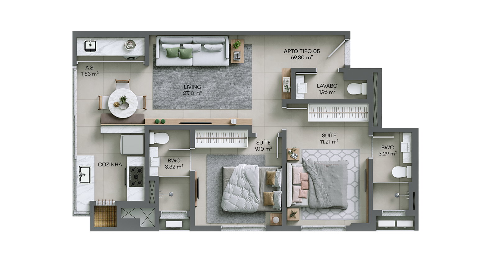 Planta Tipo 05, 69 m² do La Terrasse