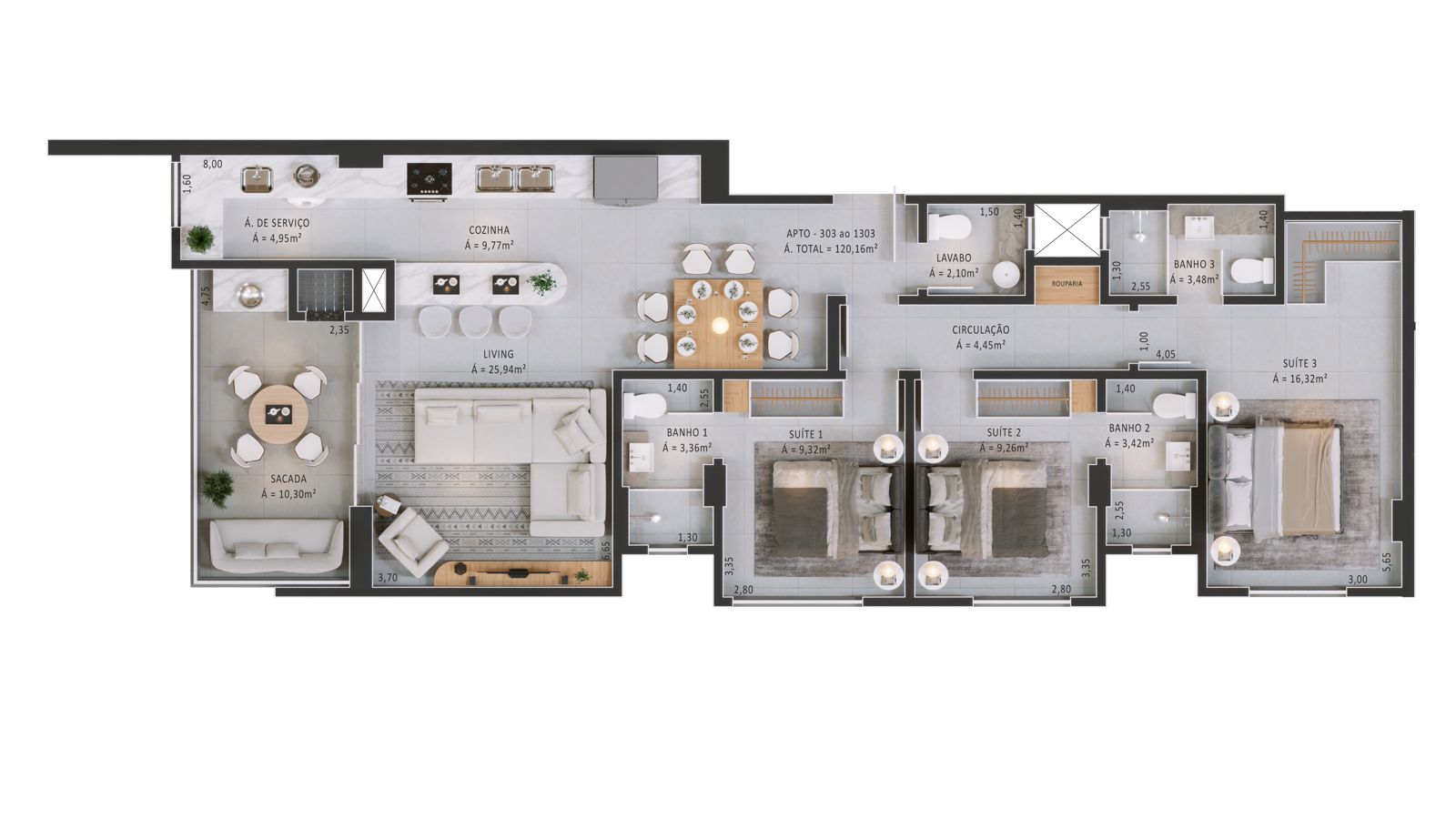 Planta Apto 303 ao 1303, 120 m² do Horizon Residence