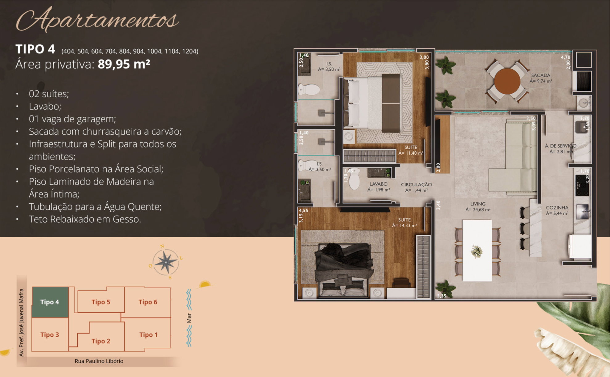 Planta Tipo 4, 2 suítes · 90 m² do Ilha de Tenerife