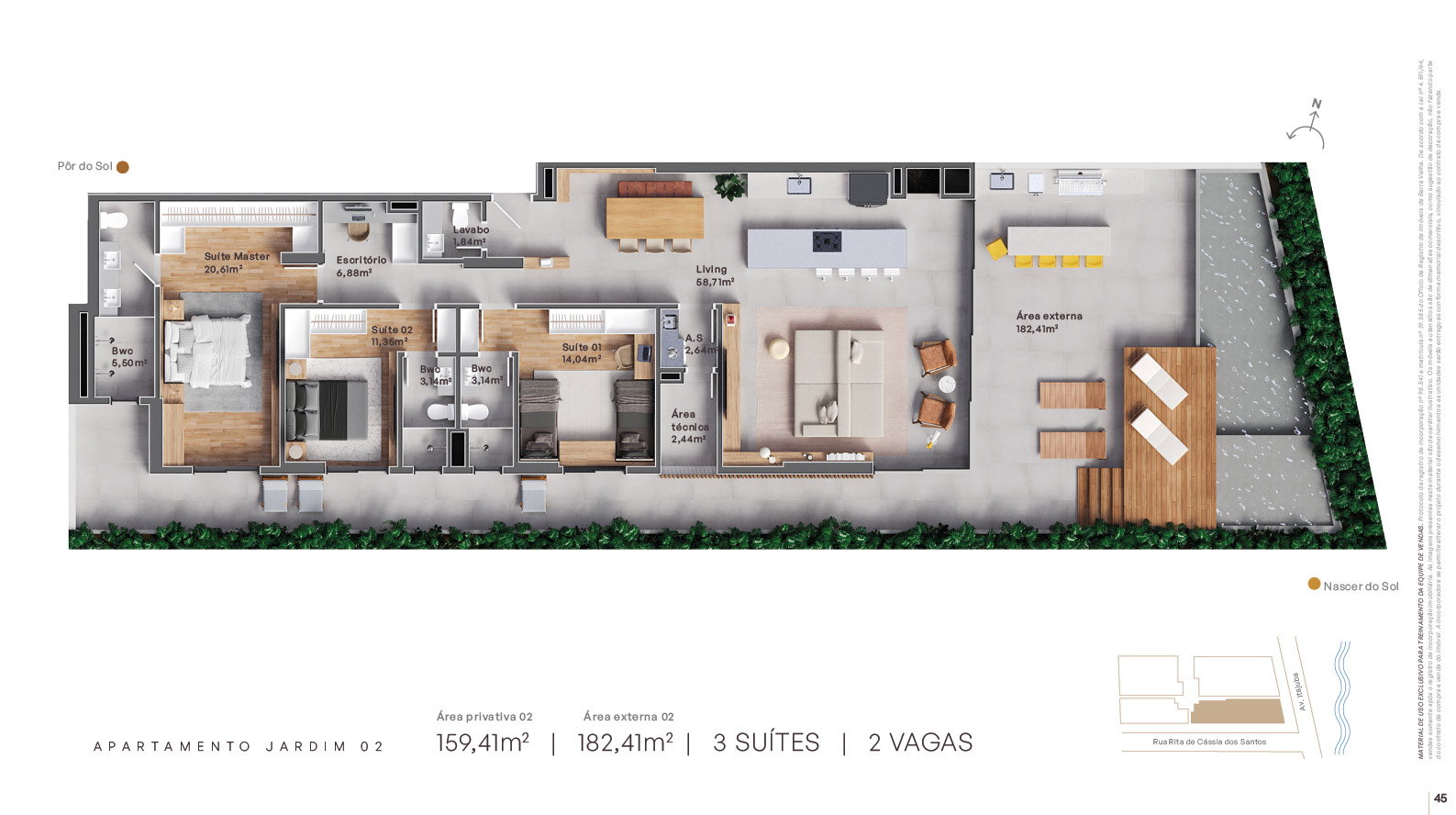 Planta Jardim 02, 3 suítes · 159 m² do Grant Vista