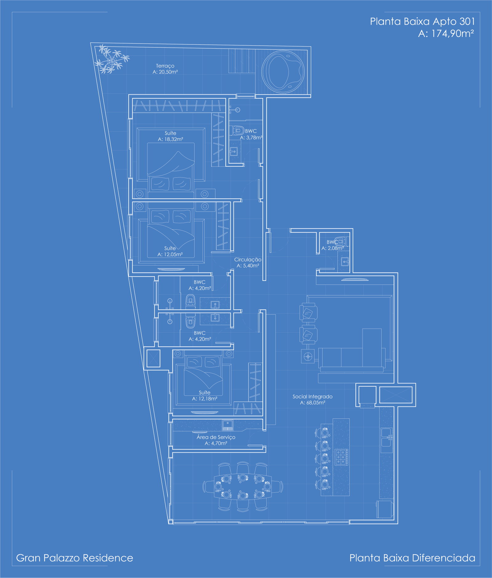 Planta Apto 301, 175 m² do Gran Palazzo