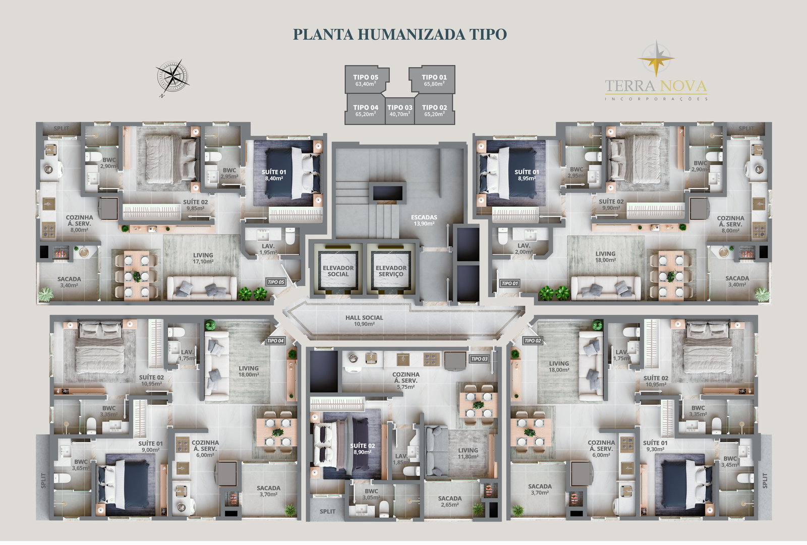 Planta Tipo 01, 66 m² do Figueiras