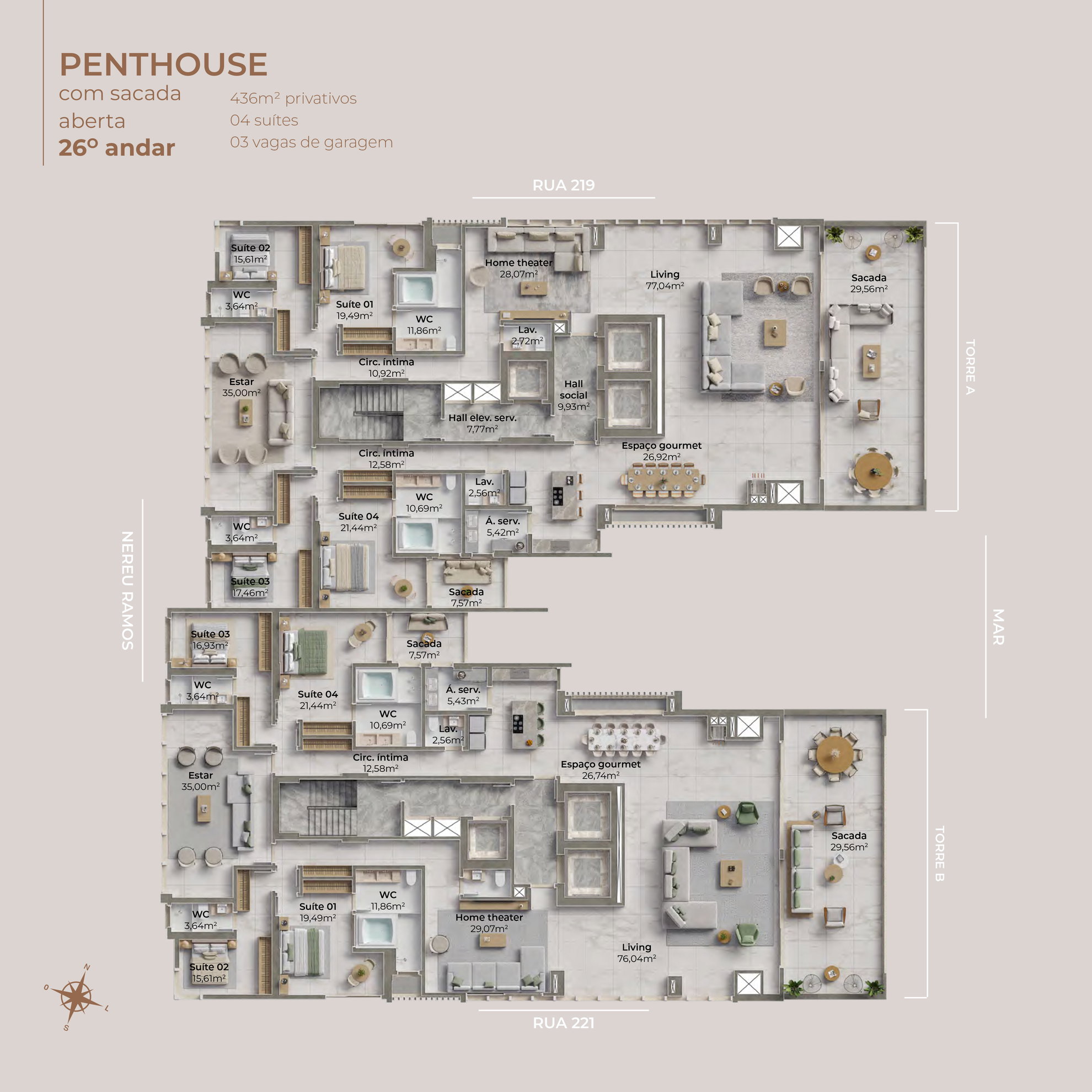 Planta Penthouse (1 de 4), 4 suítes do Enseada Residence